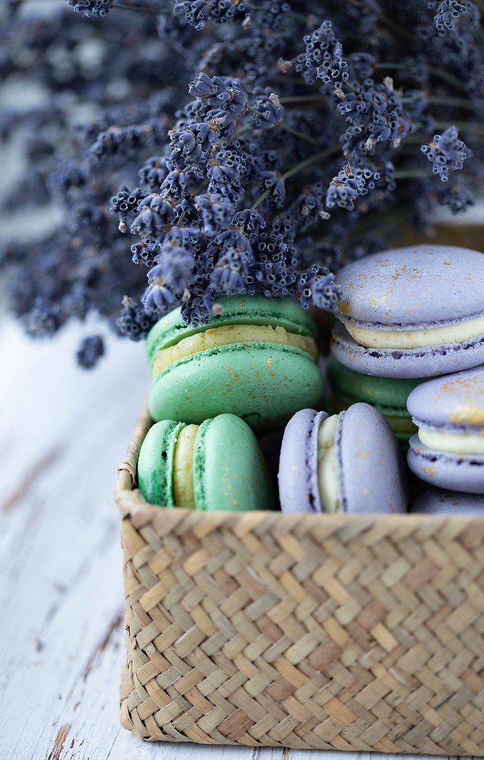 Colorful macarons in a basket